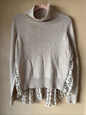 Moth Cream Cowlneck Sweater “Twofer” Blouse with Polka Dot Chiffon Hem